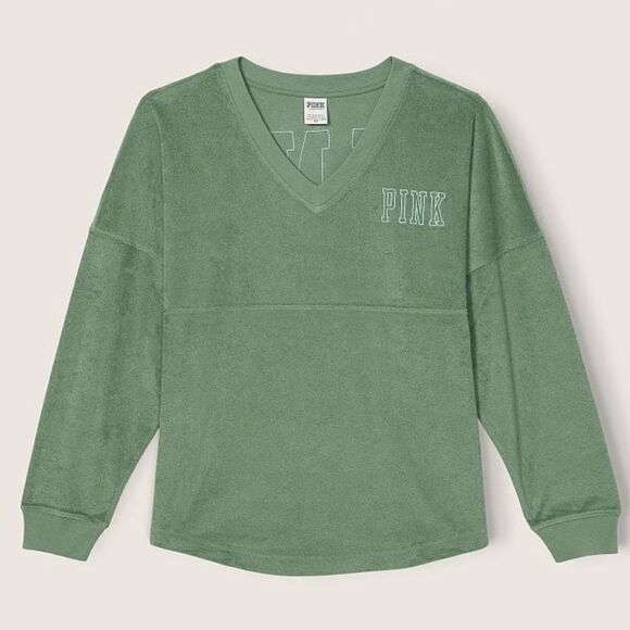 Victoria’s Secret Pink Varsity Beach Terry Cloth V Neck Oversized Pullover - Picture 3 of 5